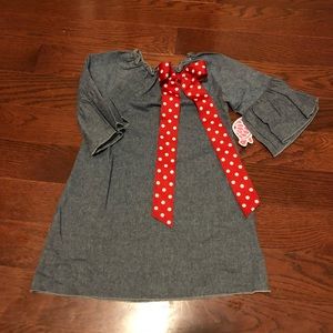 Chambray dress with red ribbon. Brand new